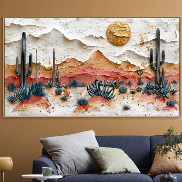 Kaktus in der Wüste Gemälde auf Leinwand 3D Impasto Strukturgemälde Designer Leinwand Kunst Wahl Minimalist Wohnzimmer Kunst Einzigartige Statement Kunst