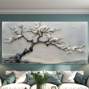 White Blossom Tree Painting Textured Wall Art 3D Canvas Art Floral Artwork Modern Home Decor Large Wall Art Living Room Decor Abstract Art