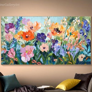 3D Colorful Floral Textured Wall Art Vibrant Flower Painting on Canvas Contemporary Nature Painting Living Room Wall Art Large Garden Decor