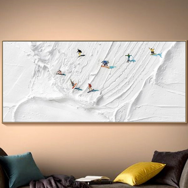 Original 3D Skiing Sport Art Panting on Canvas Textured Wall Art Personalized Gift For Skiers White Snowboards Painting Skiers Painting