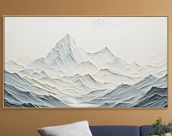 Original 3D White Snow Mountain Painting on Canvas Plaster Style Textured Wall Art I Wabi-Sabi Living Room Boho Modern Trendy Home Decor