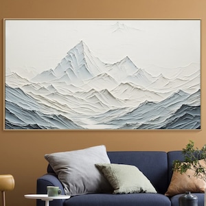 Original 3D White Snow Mountain Painting on Canvas Plaster Style Textured Wall Art I Wabi-Sabi Living Room Boho Modern Trendy Home Decor