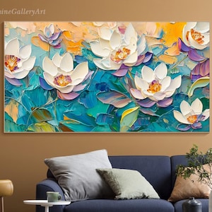White Lotus Flower Painting On Canvas 3D Abstract Textured Wall Art Water Lily Wall Art Modern Botanical Artwork Large Living Room Art