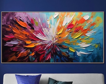 Pintura original de flores coloridas sobre lienzo, arte floral abstracto al óleo, impresionante pintura de paisajes, arte de pared para sala de estar, arte moderno.