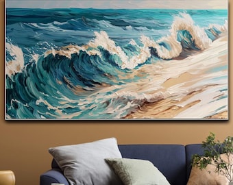 Oljemålning med havsvågor på duk, texturerad väggkonst med havslandskap, blågrön duk, palettkniv, vågkonst, stor väggdekoration för vardagsrum