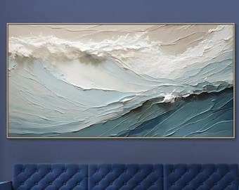 3D strukturiertes Gemälde auf Leinwand Blauer Ozean Minimalistische Malerei Sea Wave Painting Wabi-Sabi Wandkunst Schlafzimmer-Wand-Dekor Mode Kunst