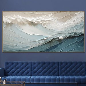 3D Textured Painting on Canvas Blue ocean Minimalist Painting Sea Wave Painting Wabi-Sabi Wall Art Morden Art Bedroom Wall Decor Fashion Art