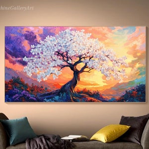 White Blossom Tree Painting On Canvas Sunset Textured Wall Art Vibrant Nature-Inspired Art Abstract Tree Of Life Artwork Living Room Art