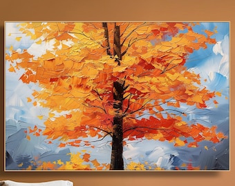 Arbre automne flamboyant, peinture sur toile, texture vibrante, feuilles d'automne, toile d'art murale impressionniste, érable, couleurs automnales, décoration murale