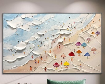 Happy Coast Painting Swimming Painting Custom Painting Texture Wall Art Personalized Gift Summer Art Costal Art Crowds on the Shore Painting