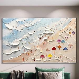 Happy Coast Painting Swimming Painting Custom Painting Texture Wall Art Personalized Gift Summer Art Costal Art Crowds on the Shore Painting