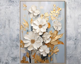 Original Flower Painting On Canvas Gold Floral Textured Wall Art  Living Room Wall Art Modern Painting Calming Painting Soft Color Wall Art