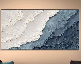 3D Textured Wall Art Blue ocean Painting on Canvas Minimalist Sea Wave Painting Wabi-Sabi Wall Art Morden Art Bedroom Wall Decor Fashion Art