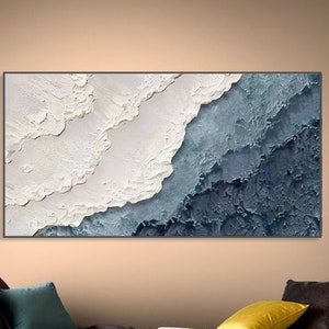 3D Textured Wall Art Blue ocean Painting on Canvas Minimalist Sea Wave Painting Wabi-Sabi Wall Art Morden Art Bedroom Wall Decor Fashion Art