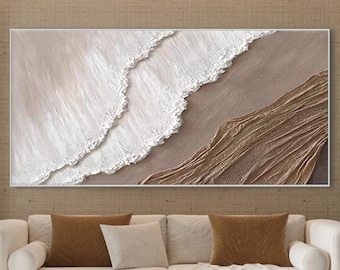 3D Earth Tone Minimalist Ocean Painting on Canvas Textured Wall Art Sea Wave Painting Wabi-Sabi Wall Art Morden Art Bedroom Wall Decor