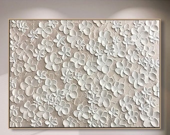 Pintura de flores beige sobre lienzo arte de pared texturizado abstracto floreciente regalo floral para su sala de estar arte de pared arte neutral arte de lienzo personalizado