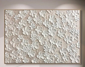 Beige Flower Painting On Canvas Abstract Textured Wall Art Blooming Floral Gift For Her Living Room Wall Art Neutural Art Custom Canvas Art