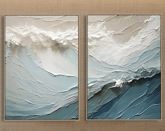 Diptyque Peinture 3D texturée sur toile Bleu océan Peinture minimaliste Peinture vague de mer Art mural wabi-sabi Art moderne Décoration murale de chambre à coucher