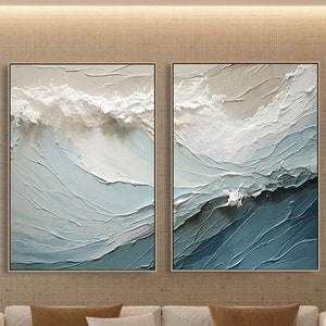 Diptyque Peinture 3D texturée sur toile Bleu océan Peinture minimaliste Peinture vague de mer Art mural wabi-sabi Art moderne Décoration murale de chambre à coucher