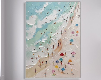 Happy Coast Painting Nuoto Pittura Pittura personalizzata Texture Wall Art Regalo personalizzato Arte estiva Arte costale Folle sulla riva Pittura