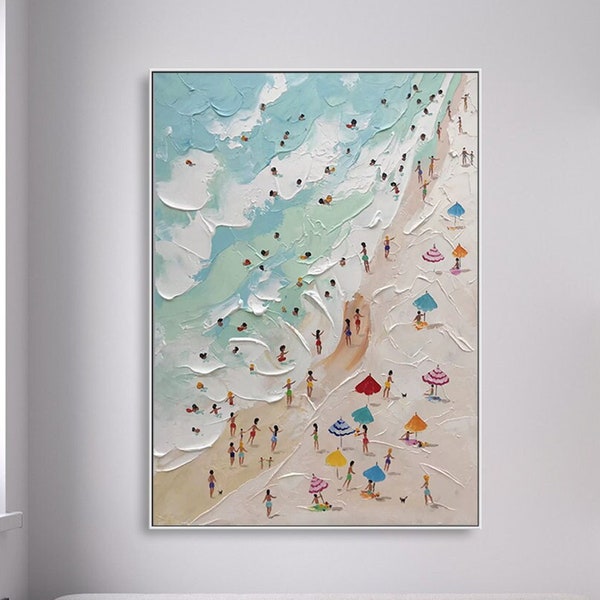 Happy Coast Painting Swimming Painting Custom Painting Texture Wall Art Personalized Gift Summer Art Costal Art Crowds on the Shore Painting