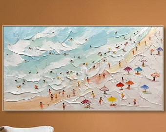 Glückliche Küste Malerei Schwimmen Malerei Benutzerdefinierte Malerei Textur Wandkunst personalisierte Geschenk Sommer Kunst Costal Kunst Menschenmassen am Ufer Malerei