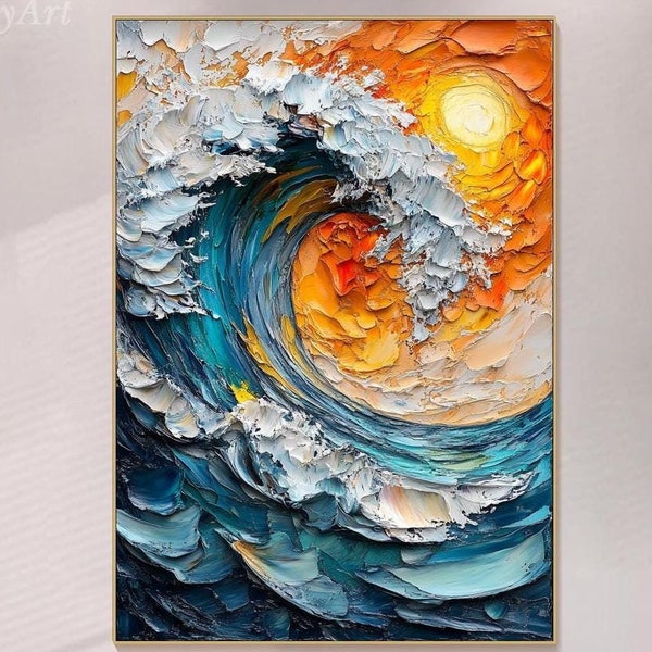 キャンバスに描かれた海の波の絵画 3D オリジナルテクスチャ ウォールアート 抽象的なサーフィンアート 鮮やかな夕焼けの波のウォールアート 大きなリビングルームの装飾