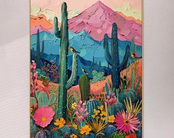 3D Colorful Desert Textured Wall Art Cactus & Mountain Painting on Canvas Vibrant Southwestern Art Nature-Inspired Artwork Living Room Art