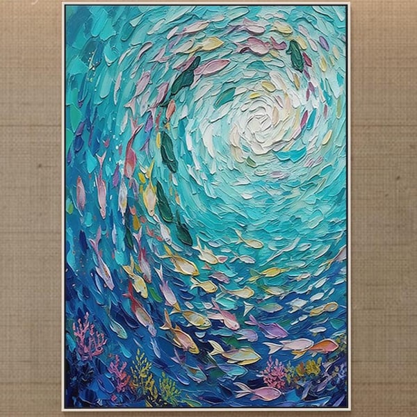 Original Impasto Oil Painting Vibrant Swirling Ocean Fish Art Underwater Seascape Textured Canvas Wall Art Nautical Turquoise Sea Home Decor