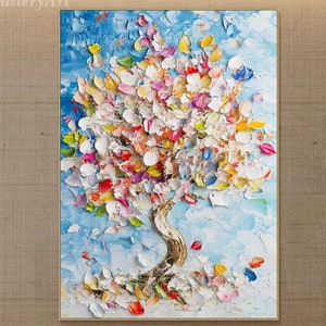 Bunter Baum Gemälde Auf Leinwand 3D Strukturierte Blüte Wandkunst Von der Natur inspirierte Kunstwerk Florale Abstrakte Malerei Große Wohnzimmer Wandkunst