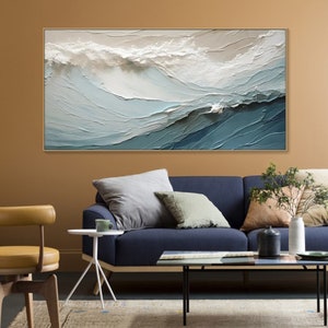 3D strukturiertes Gemälde auf Leinwand Blauer Ozean Minimalistische Malerei Sea Wave Painting Wabi-Sabi Wandkunst Schlafzimmer-Wand-Dekor Mode Kunst Bild 4