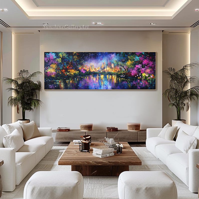 Abstract Cityscape Painting on Canvas 3D Night City Lights Textured