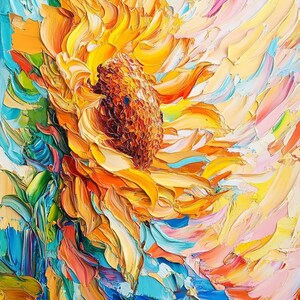 May include: A vibrant oil painting of a sunflower with yellow petals and a dark brown center. The background is a mix of blue, green, pink, and yellow colors, creating a dynamic and colorful composition.
