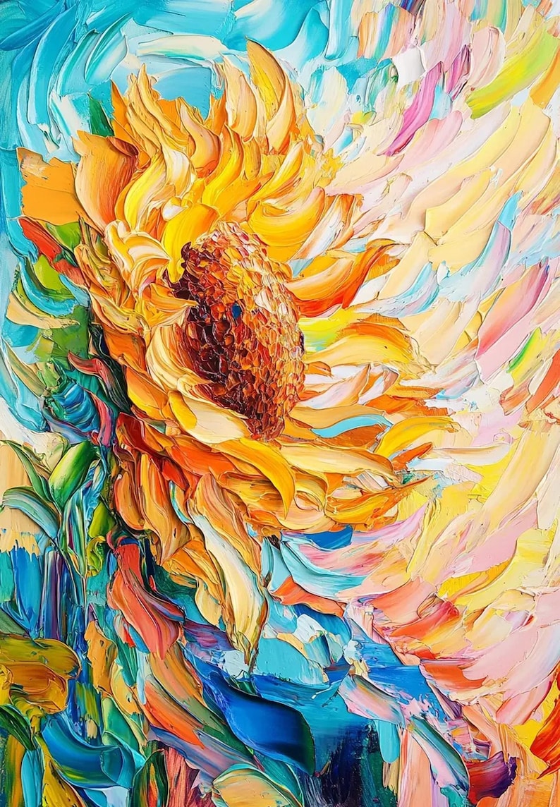 May include: A vibrant oil painting of a sunflower with yellow petals and a dark brown center. The background is a mix of blue, green, pink, and yellow colors, creating a dynamic and colorful composition.
