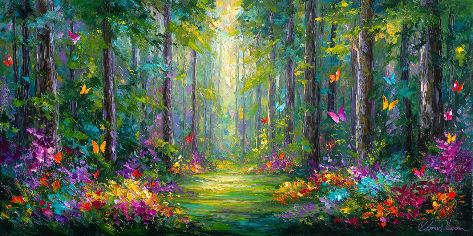 Vibrant Impressionist Forest Path Painting Colorful Butterfly Landscape ...