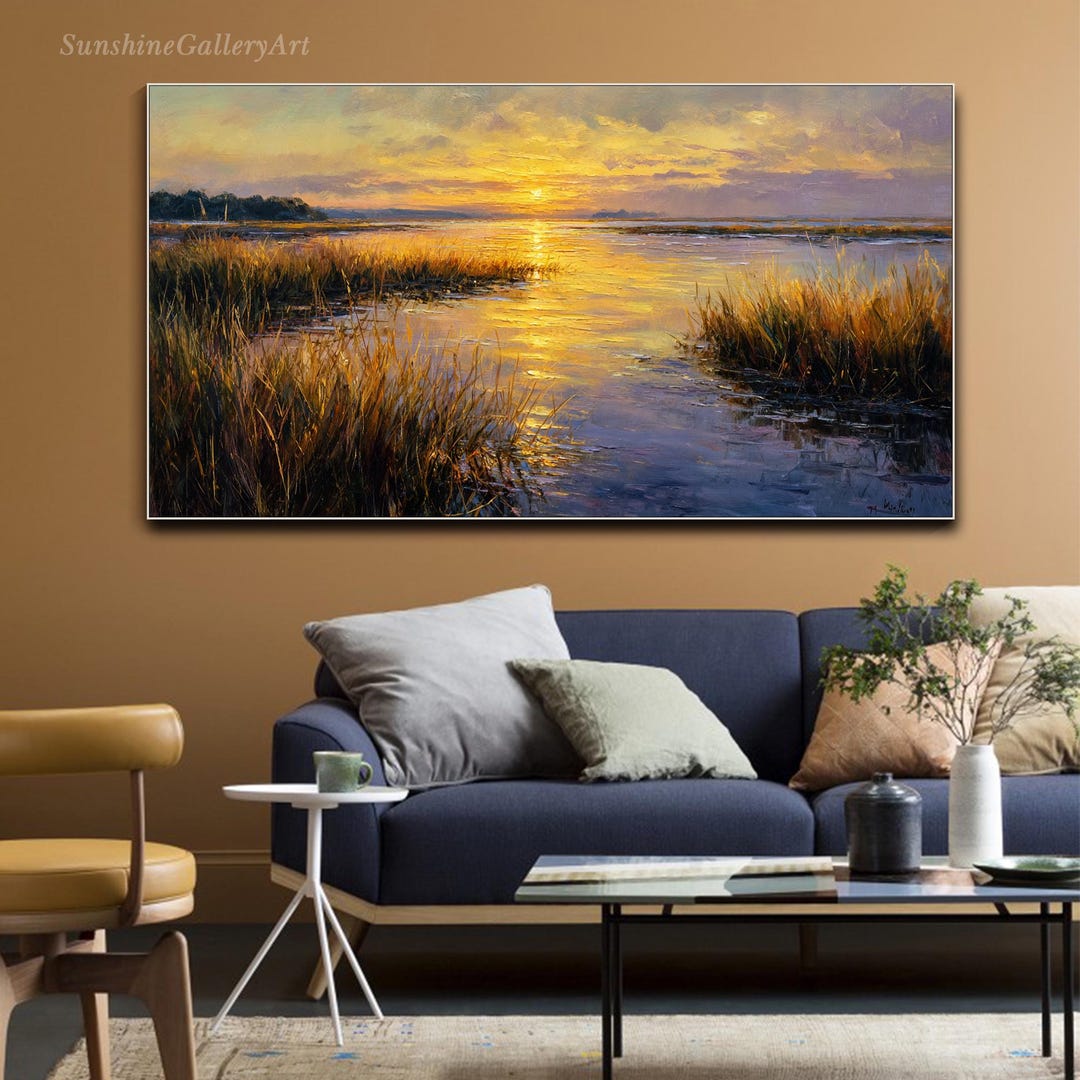 Original Sunset Lake Painting on Canvas Moonrise Landscape Textured ...