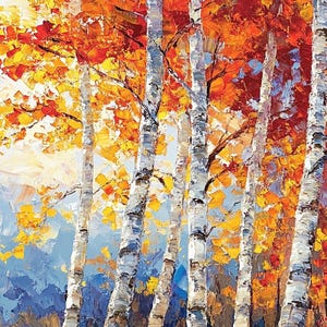 Puede incluir: Una pintura de un bosque de abedules en oto&ntilde;o. Los &aacute;rboles tienen corteza blanca y est&aacute;n rodeados de hojas rojas, naranjas y amarillas vibrantes. El fondo es un azul brumoso.