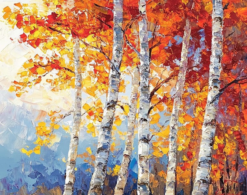 Puede incluir: Una pintura de un bosque de abedules en oto&ntilde;o. Los &aacute;rboles tienen corteza blanca y est&aacute;n rodeados de hojas rojas, naranjas y amarillas vibrantes. El fondo es un azul brumoso.
