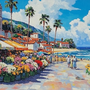 May include: A colorful painting of a seaside town with a flower market in the foreground. The market is lined with stalls selling flowers in shades of pink, yellow, red, and white. The town is nestled against a hillside with palm trees and a white building with a bell tower. The ocean is in the background with blue water and white waves.