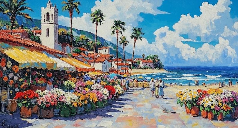 May include: A colorful painting of a seaside town with a flower market in the foreground. The market is lined with stalls selling flowers in shades of pink, yellow, red, and white. The town is nestled against a hillside with palm trees and a white building with a bell tower. The ocean is in the background with blue water and white waves.