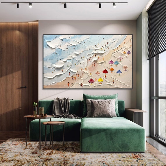 Happy Coast Painting Swimming Painting Custom Painting Texture Wall Art Personalized Gift Summer Art Costal Art Crowds on the Shore Painting