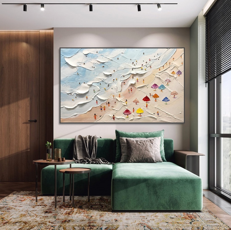May include: A painting depicting a beach scene with people and colourful umbrellas. The painting is executed in a textured style, with thick brushstrokes and a bright colour palette.