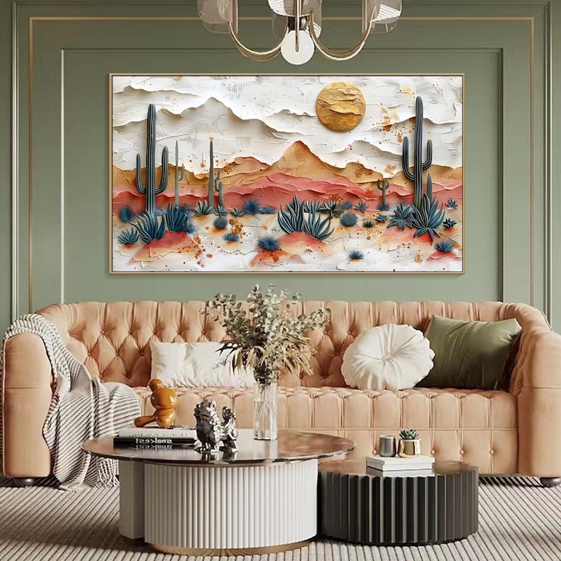 May include: A painting of a desert landscape with cacti and a large sun in the sky. The painting is in a modern style with a textured, 3D effect.