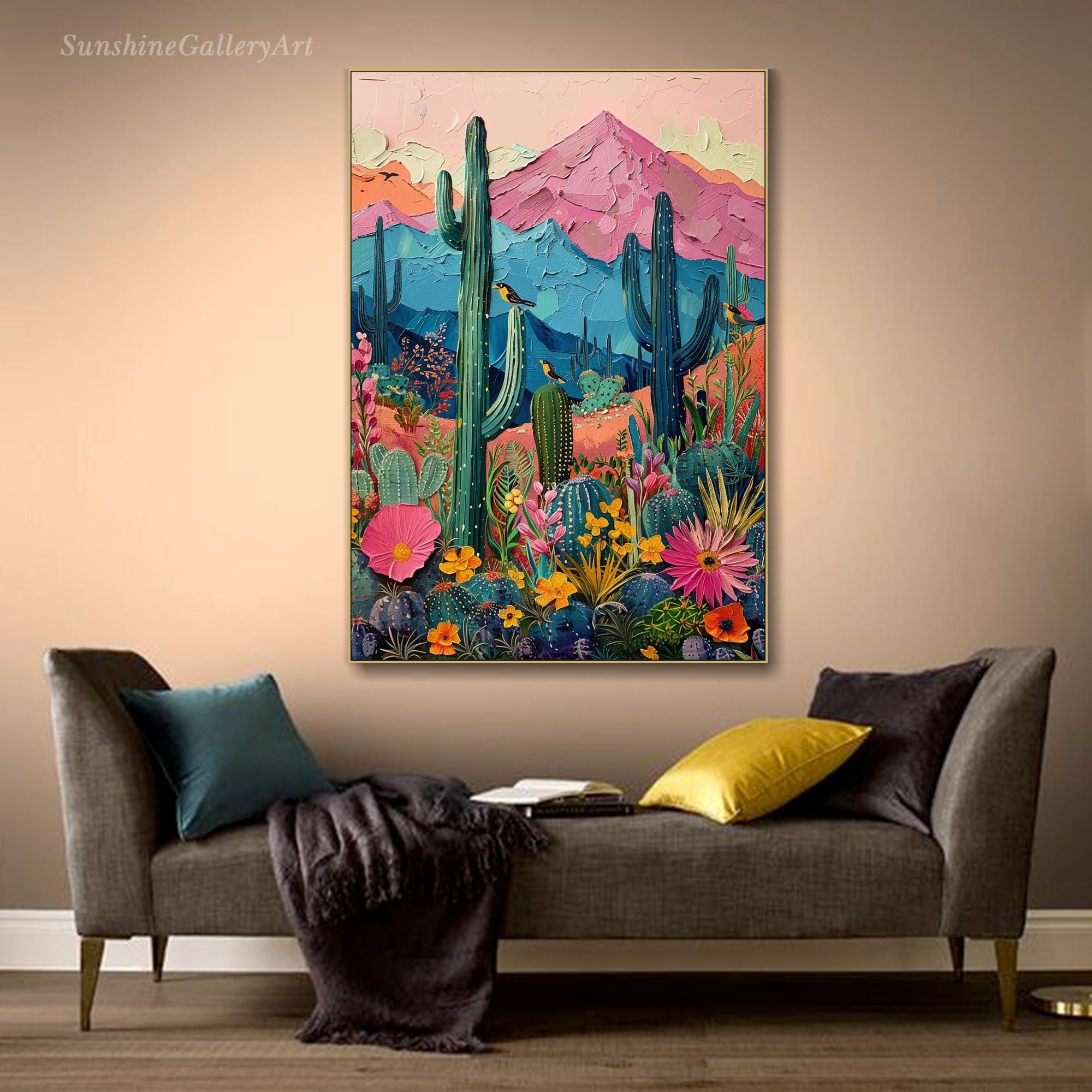3D Colorful Desert Textured Wall Art Cactus & Mountain Painting on