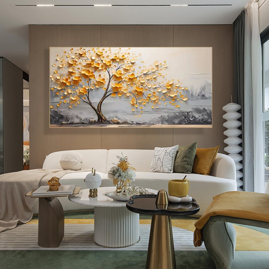 Golden Tree Oil Painting Large Wall Art 3D Textured Canvas Modern Home ...
