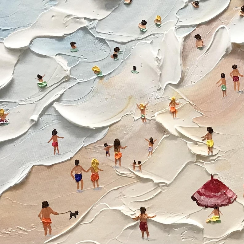 May include: A painting depicting a beach scene with people in swimwear and a red umbrella. The artwork is created using a textured style with thick brushstrokes.