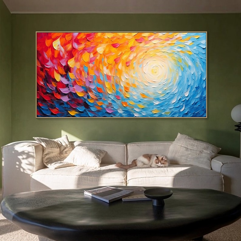 May include: Abstract painting with a swirling pattern of colorful, textured brushstrokes. The colors transition from red, orange, and yellow in the top half to blue and white in the bottom half.