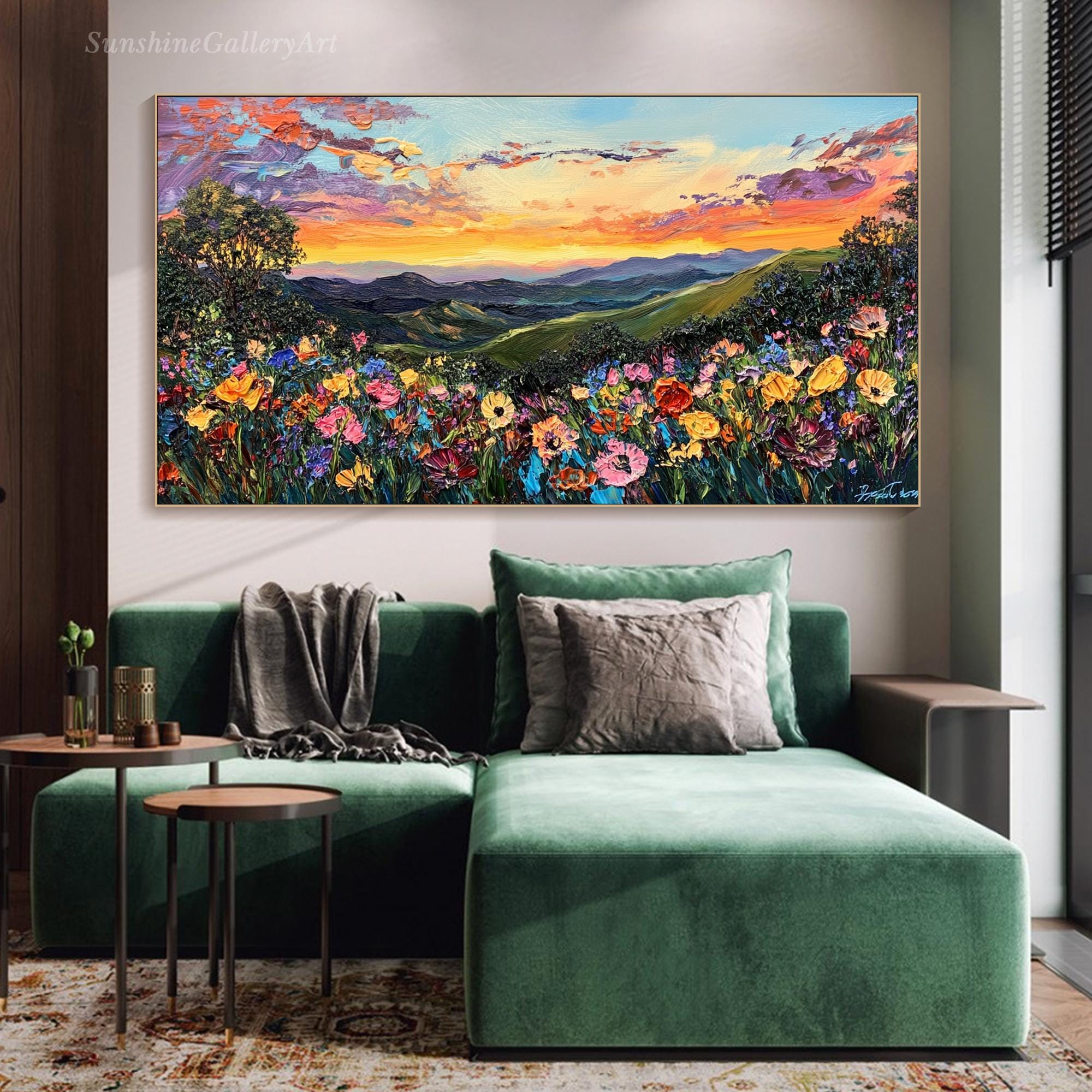 Sunset Wildflower Textured Wall Art Floral Field Painting on Canvas ...