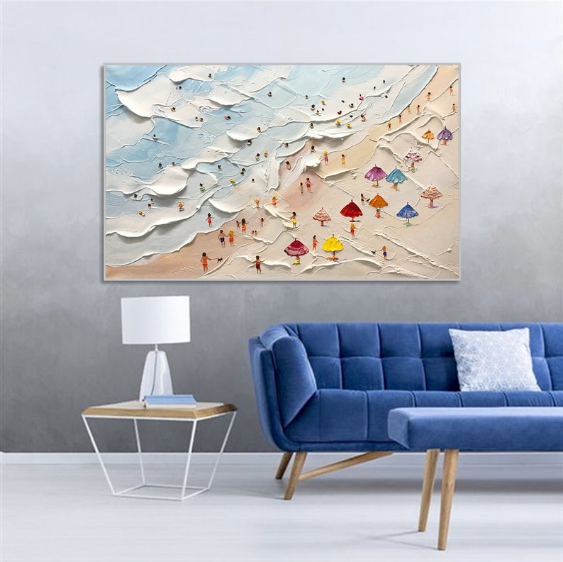 May include: A colourful painting depicting a beach scene with people and umbrellas. The painting is done in a textured style, with thick brushstrokes and a palette of bright colours.