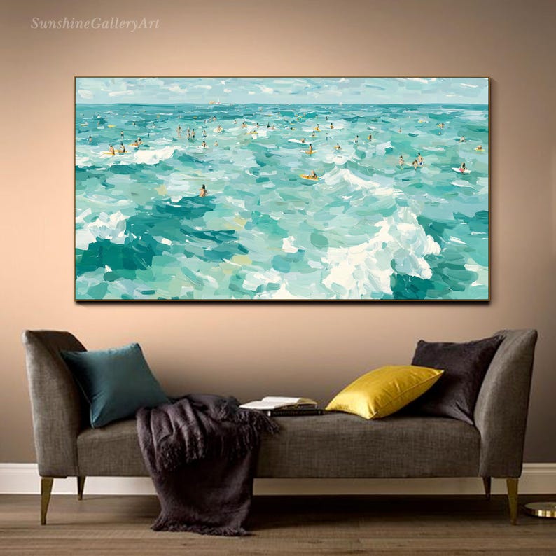 May include: An abstract painting of a turquoise ocean with numerous figures swimming and surfing. The artwork, framed in gold, features a textured, brushstroke style, evoking a sense of movement and the sea. The text "SunshineGalleryArt" is in the upper left corner.